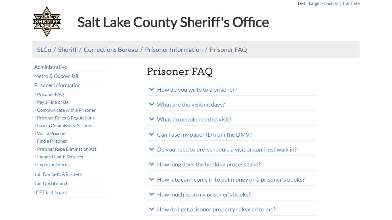 Prisoner FAQ - Sheriff | SLCo - Salt Lake County, Utah